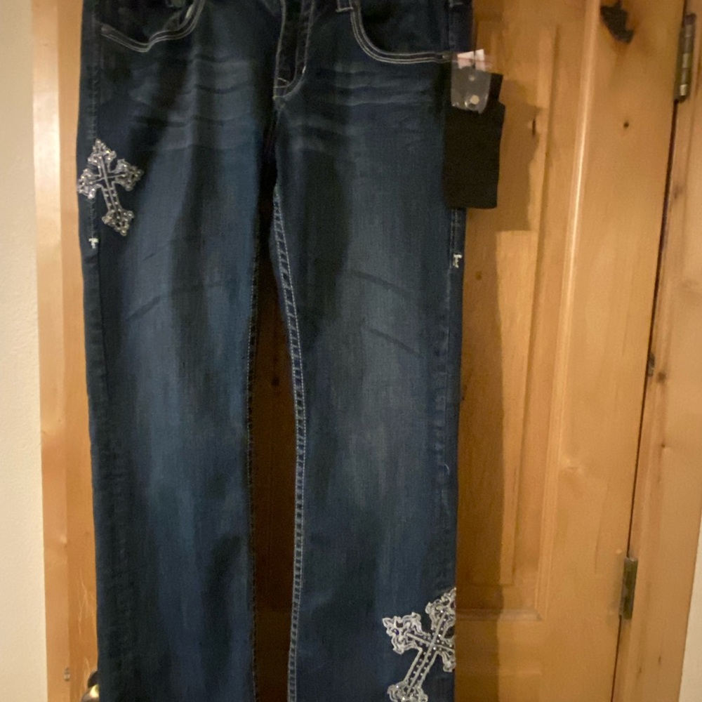 Cowgirl Tuff Women's Boot Cut Jeans - Dark Blue with White Embroidery